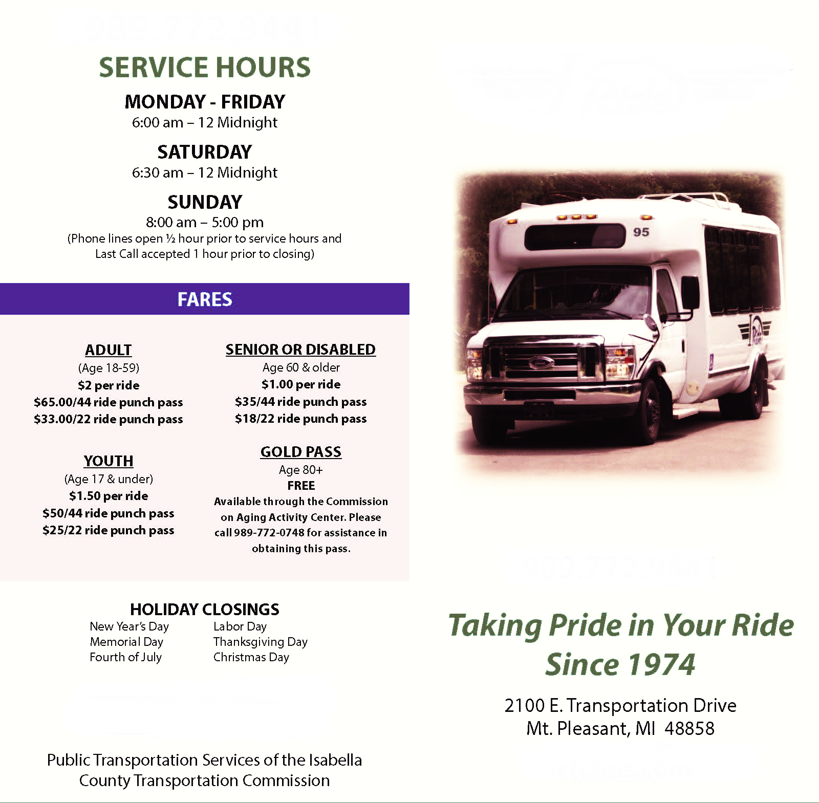 I-Ride Pamphlet. Hours of operation and Fare structure. 