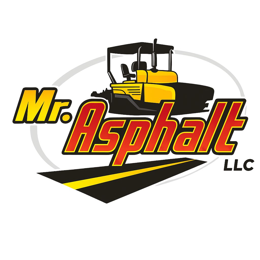Logo: "Mr. Asphalt LLC" with a yellow asphalt roller and road, over an oval.