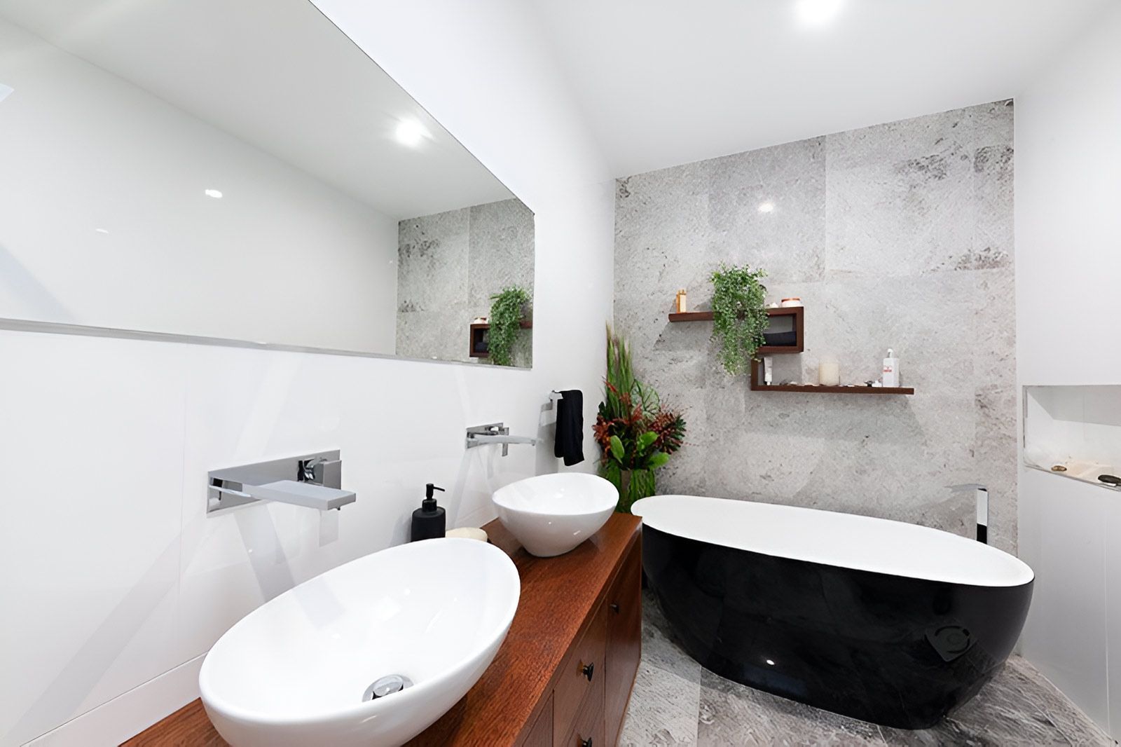 Modern Bathroom With Dual White Sinks on a Wooden Vanity — Piscopo Kitchens Plus In Tuncurry, NSW