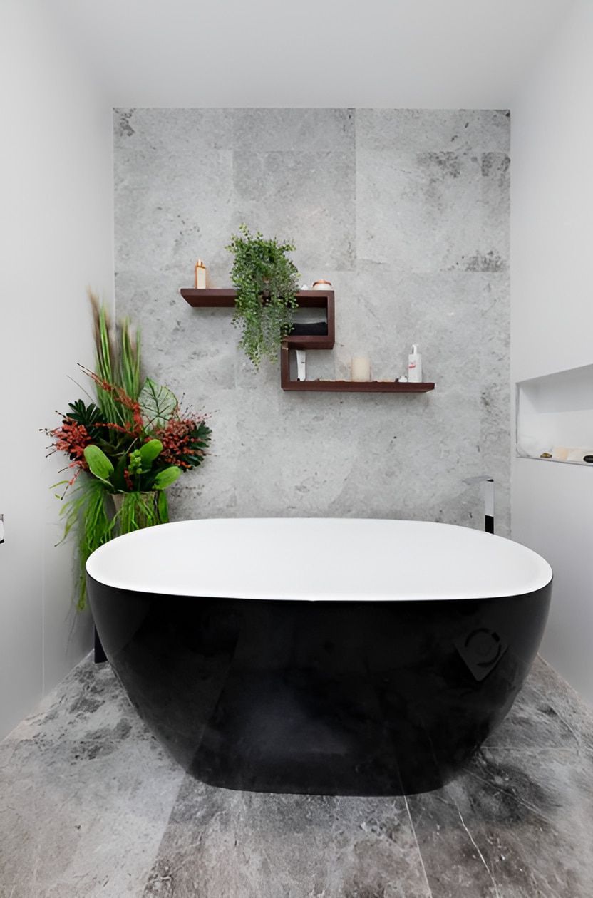 Modern Bathroom With a Black and White Freestanding Tub — Piscopo Kitchens Plus In Forster, NSW