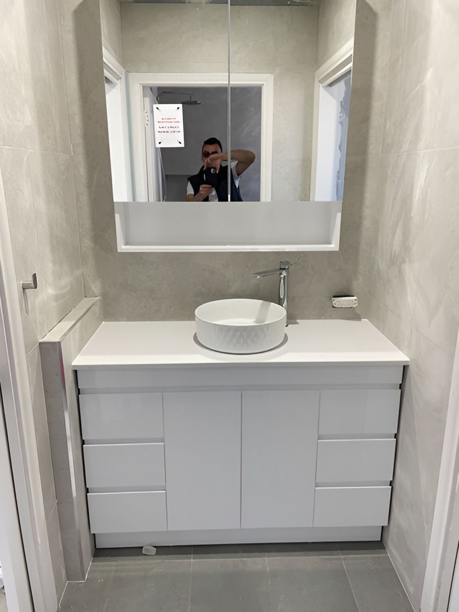 Modern Bathroom With Sleek White Vanity — Piscopo Kitchens Plus In Forster, NSW