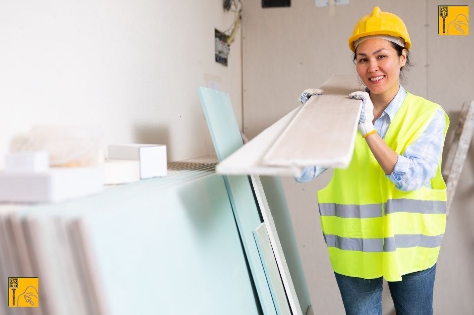 A woman worker from a drywall company carries stacked drywall panels in a construction setting, wearing a yellow safety vest and hard hat in Broadmoor, Richmond BC