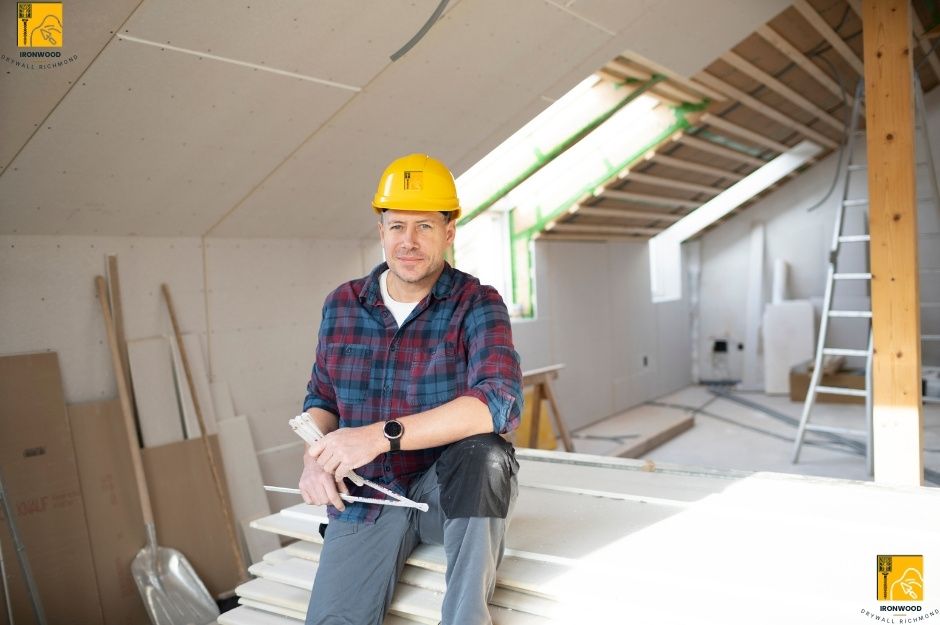 A male drywall contractor in Steveston North, Richmond BC, wearing a yellow hard hat, posing with a measuring tool in his hands. This is a partially constructed room with exposed wooden framing and drywall materials stacked on the floor in Steveston South. A ladder is visible in the background, suggesting ongoing construction or renovation work.