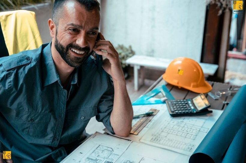 An Ironwood Drywall Richmond drywall contractor is shown engaged in a phone conversation while reviewing blueprints at a table with a hard hat. This image shows that he is a reliable drywall professionall in East Cambie that you can contact.