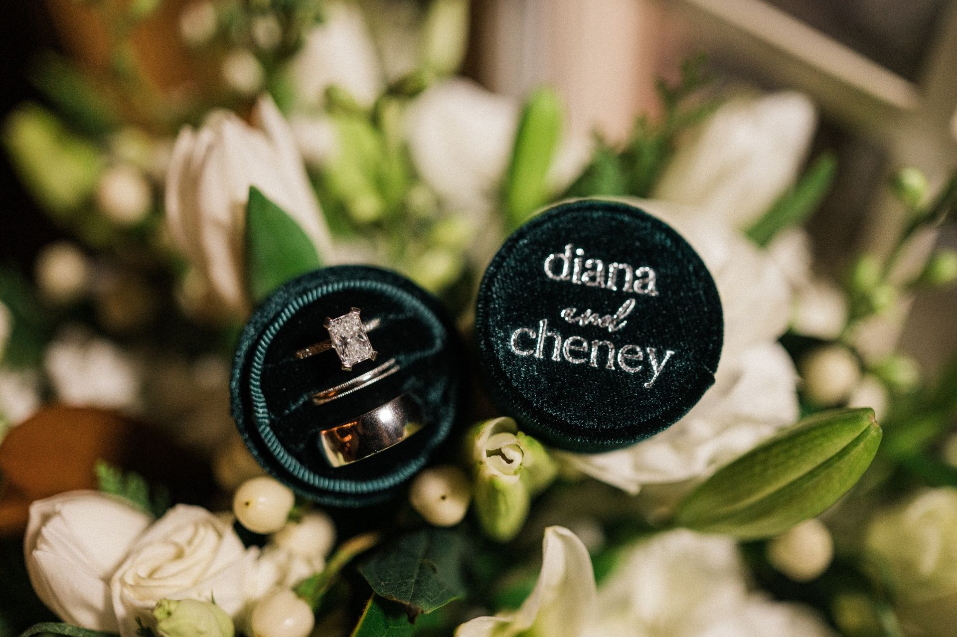 detail shot of wedding rings in flower arrangement