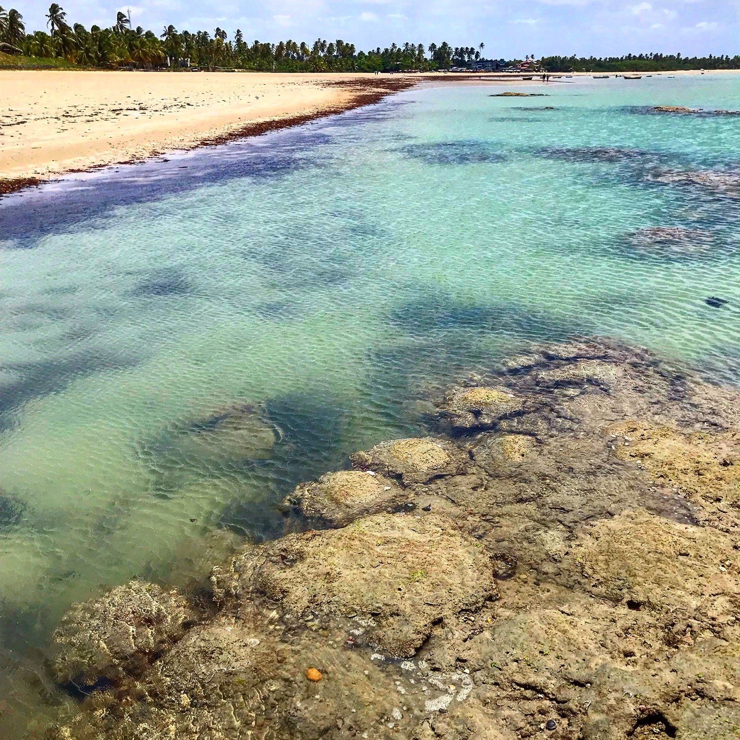 Uma praia com muitas pedras e muita água