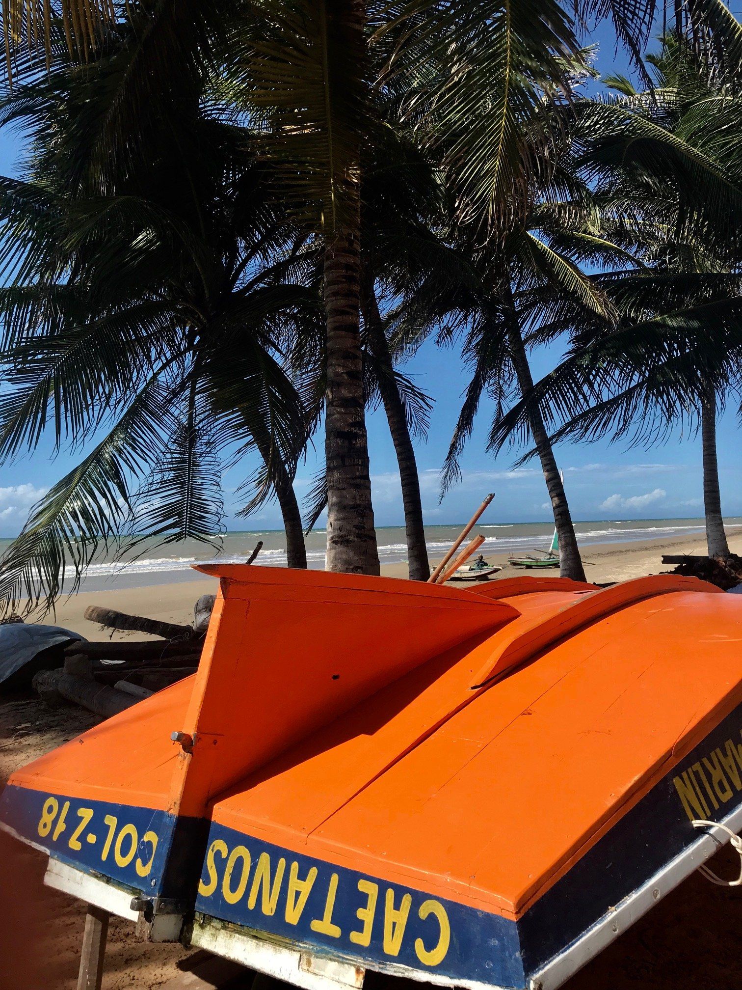 Um par de barcos laranja com a palavra caetanos neles