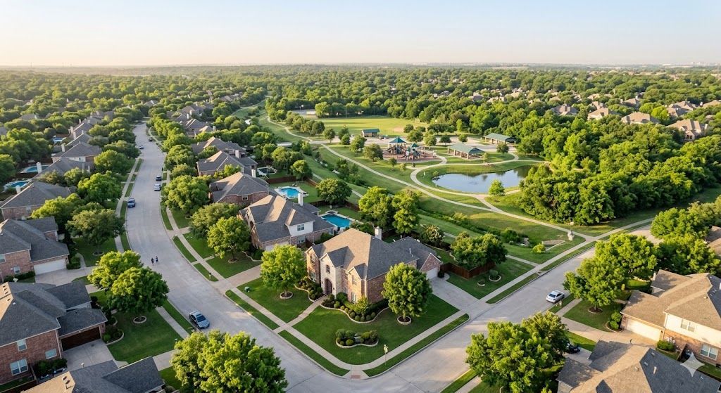 An aerial view of a suburban neighborhood with houses, winding streets, green trees, and a small pond at sunset.