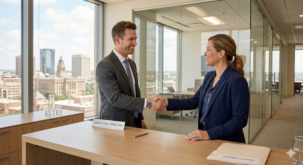 A professional man and woman in business attire shake hands across a light-wood desk in an office overlooking a city.