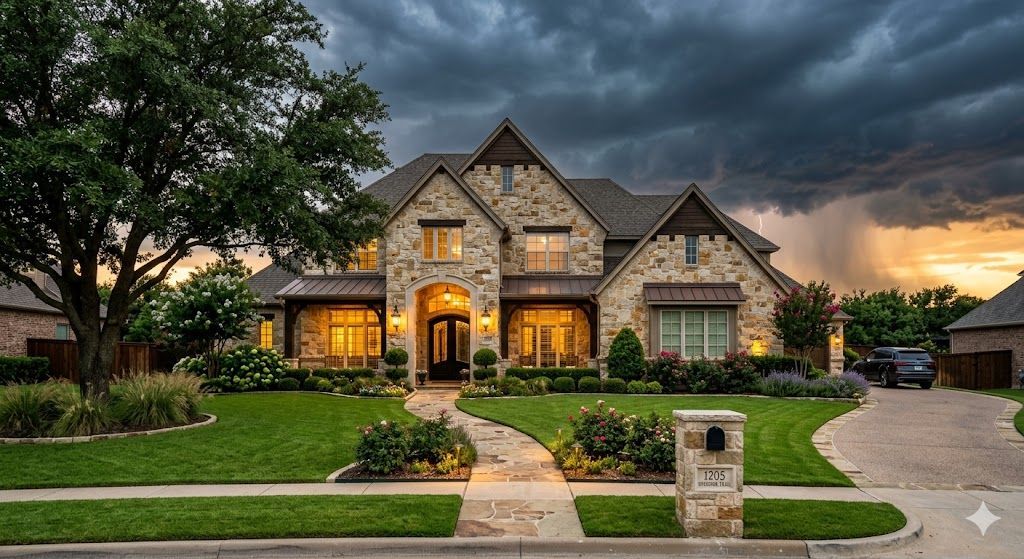 A two-story stone house with warm interior lighting at dusk, set against a dramatic, stormy sky and a manicured lawn.