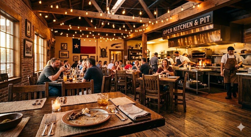 Warmly lit rustic restaurant interior with diners at tables, an open kitchen, and a Texas flag hanging on a brick wall.