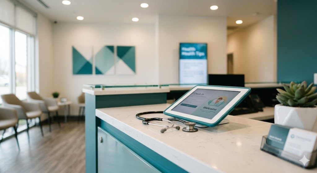 A brightly lit clinic reception desk with a tablet, stethoscope, and small succulent, facing a waiting area with chairs.