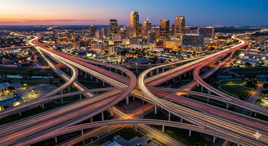 Aerial view of a city skyline at sunset, featuring a complex highway interchange with glowing traffic trails.