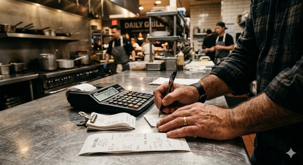 A person writes on a receipt at a stainless steel counter in a restaurant kitchen with staff working in the background.