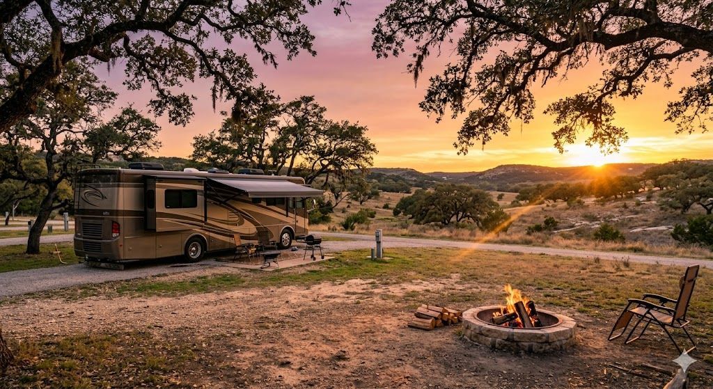 A recreational vehicle parked at a campsite under large oak trees during a golden, purple-hued sunset.