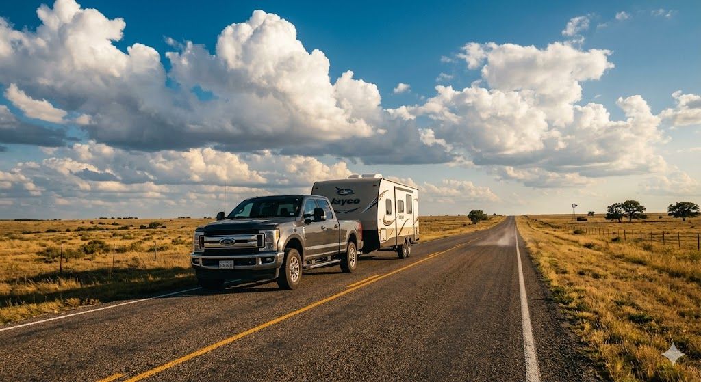 A dark pickup truck tows a travel trailer down a rural, paved road through a dry, grassy landscape under a cloudy sky.