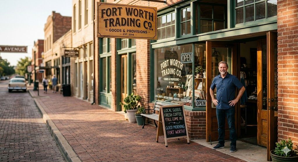 A person stands in the open doorway of the Fort Worth Trading Co. on a historic brick street at sunset.