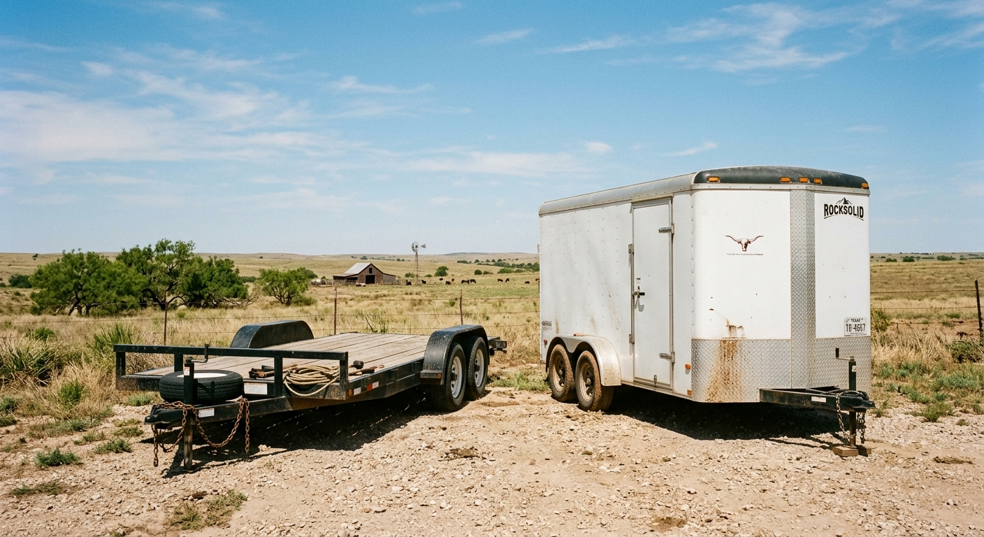 A utility trailer hitched to a pickup truck parked on a Texas highway shoulder on a sunny day