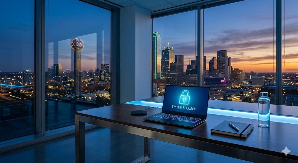 A laptop with a glowing lock icon on its screen sits on a desk in a high-rise office overlooking a city skyline at dusk.