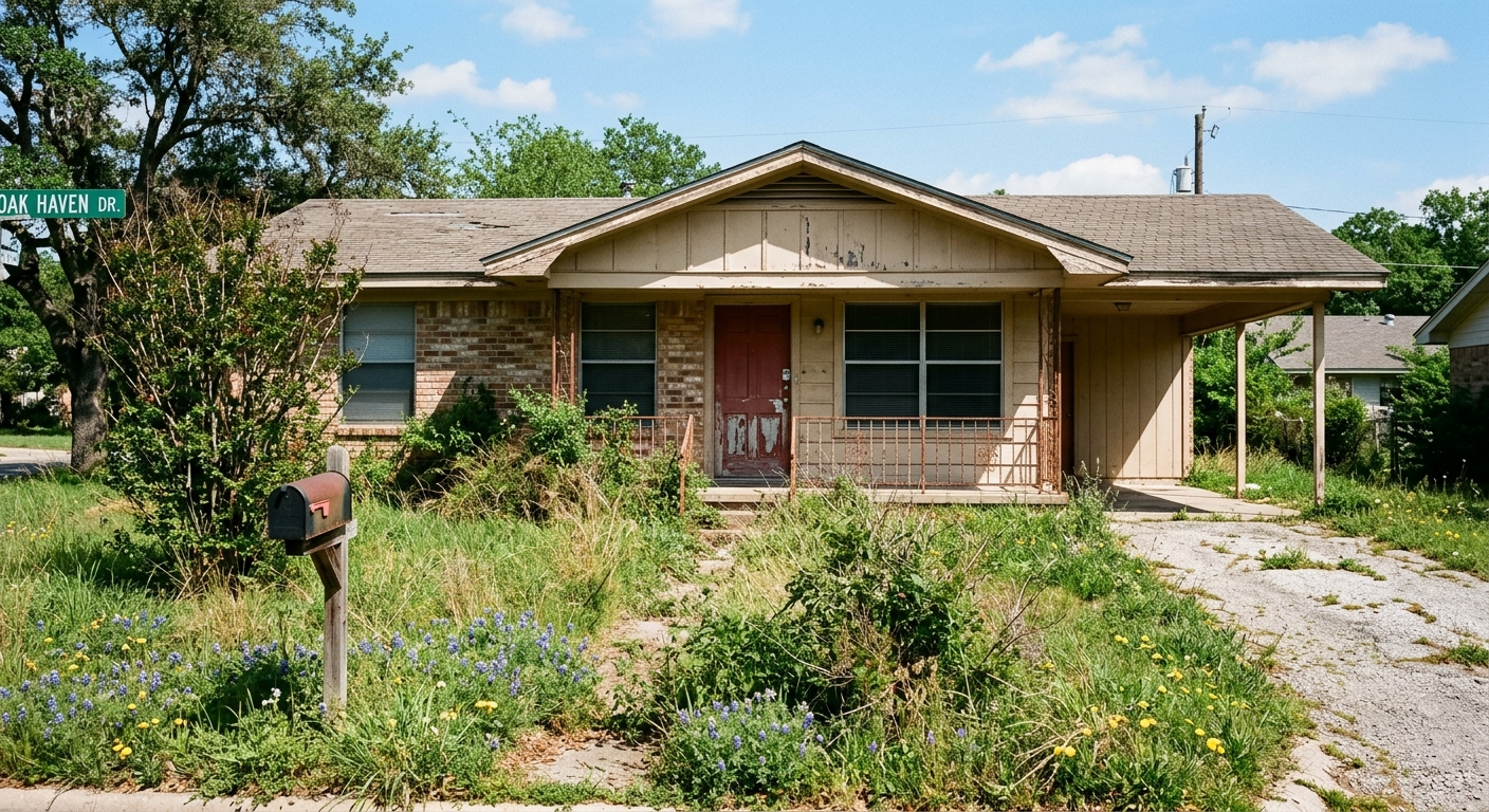 Empty house exterior on a sunny Texas afternoon, overgrown lawn, locked front door, no signs of occupancy