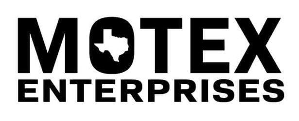 Logo for Motex Enterprises: Black text, a Texas outline in the letter "O". The word "ENTERPRISES" is underneath.