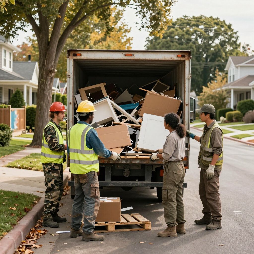 Workers loading debris into a truck on a residential street. They wear safety vests and helmets.