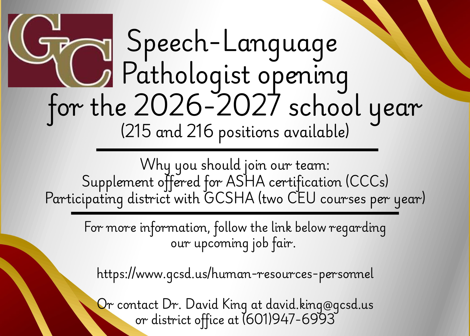 Recruitment flyer for a 2026-2027 Speech-Language Pathologist position at GCSD, with contact details and a website link.