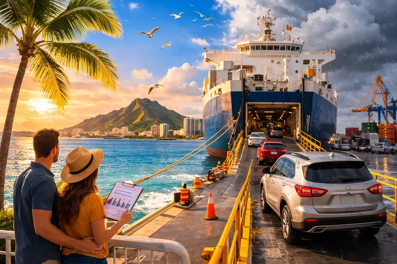 Cars are getting ready for Car shipping with inspection, documentation, and secure loading preparation at the port terminal for safe transport.