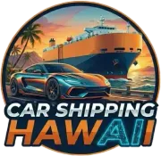 Car shipping Hawaii logo with sports car, cargo ship, palm trees, and sunset scene