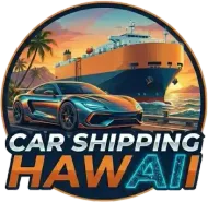 Car shipping Hawaii logo with sports car, cargo ship, palm trees, and sunset scene