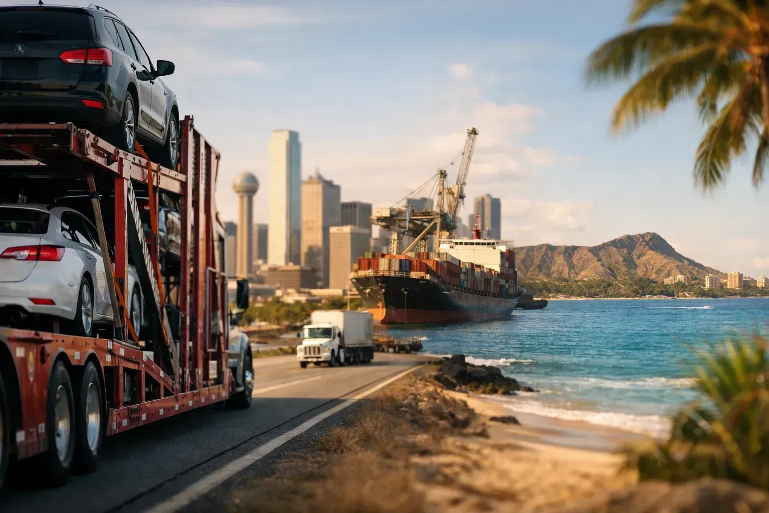 Car carrier truck transporting vehicles from Dallas to Long Beach port for Hawaii shipping