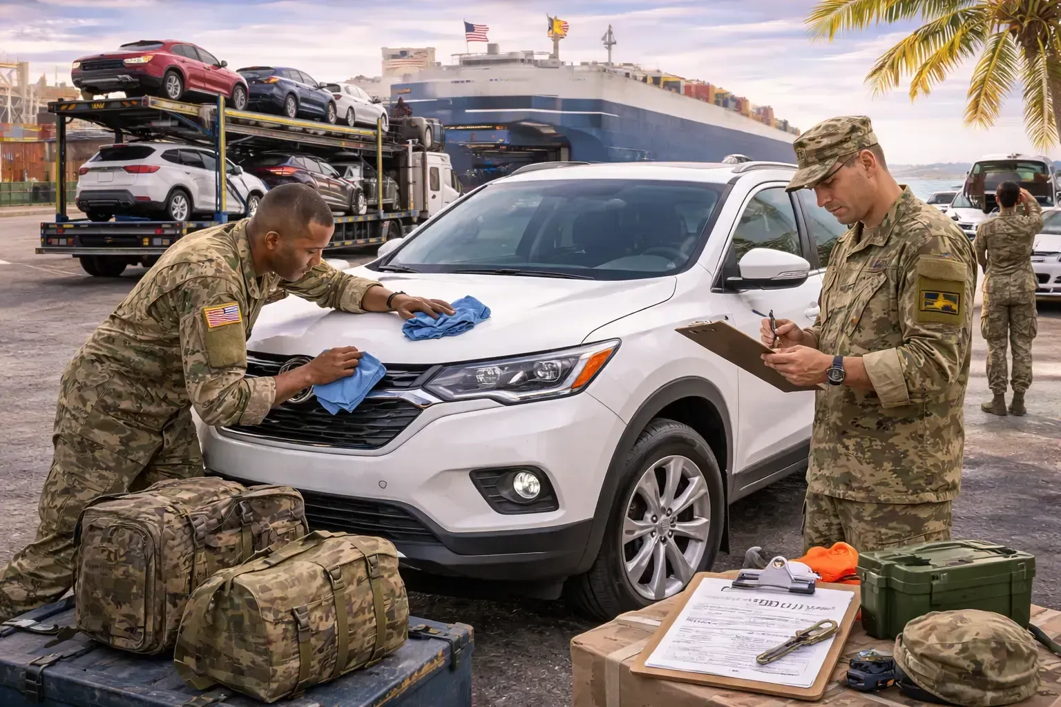 Military PCS Car shipping from Florida to Hawaii is handled with vehicle inspection, secure port transfer, ocean freight transport, and coordinated delivery process.