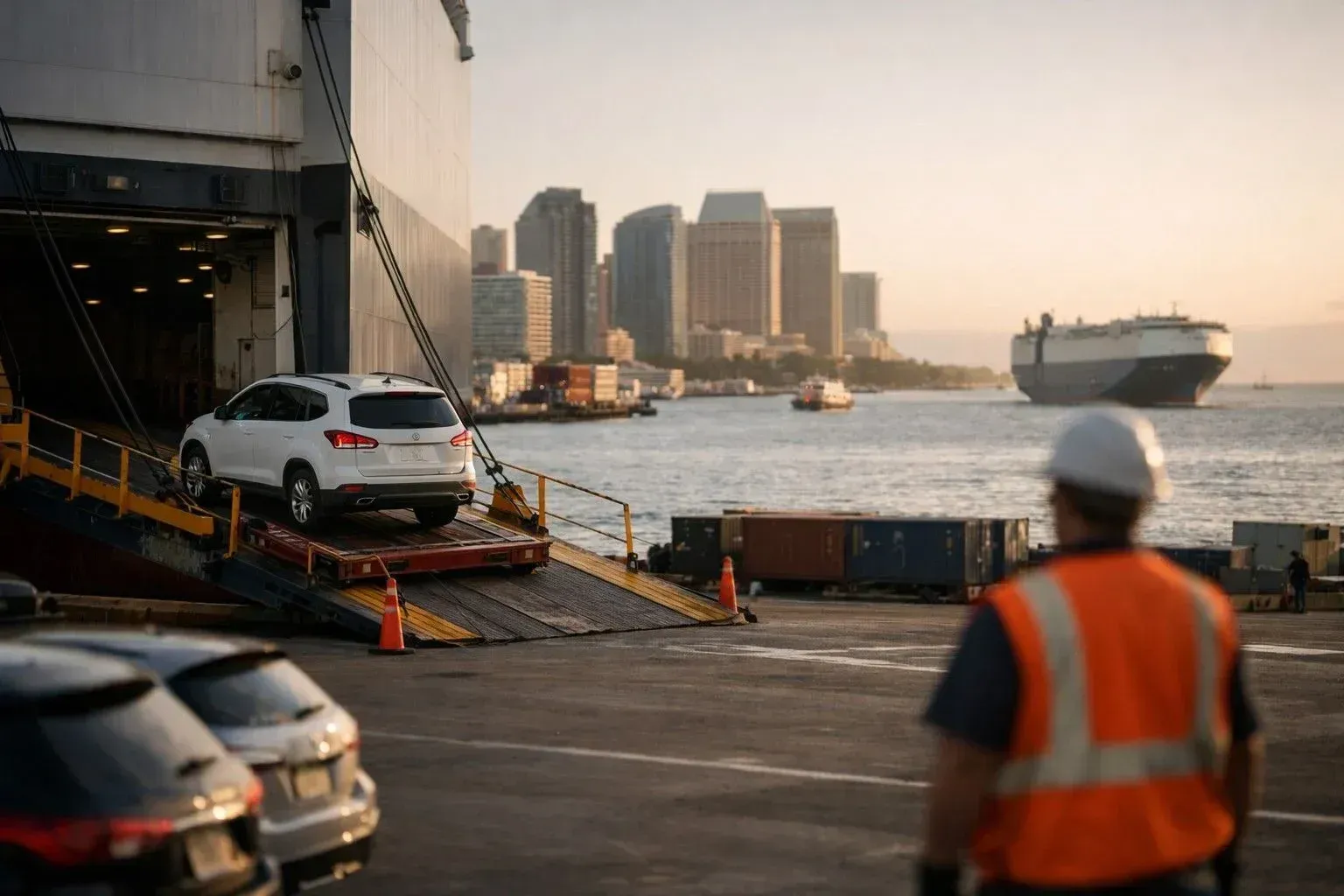 Ship Your Car from North Dakota to Hawaii is handled as a vehicle is loaded onto transport, shipped by cargo ship, and delivered safely.