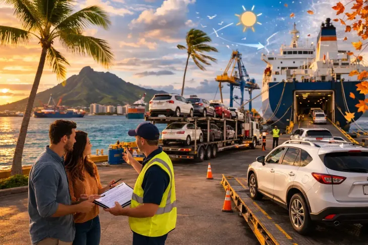A port agent reviews paperwork with a couple next to a car transport truck loading vehicles onto a ship at a harbor.