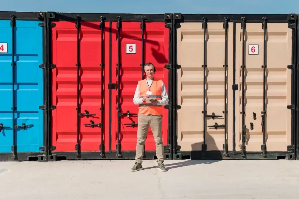A man is standing for Mainland to Hawaii Door-to-Port vehicle shipping with transport trucks, port terminal, and cargo ship operations in background.