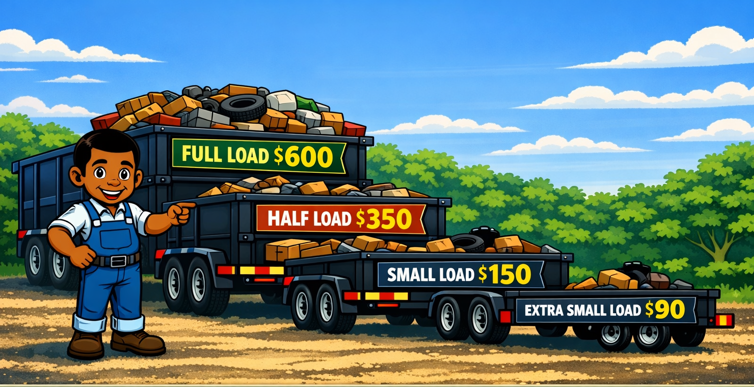 Moving company ad with a smiling worker beside trucks labeled full load, half load, small load, extra small load prices.