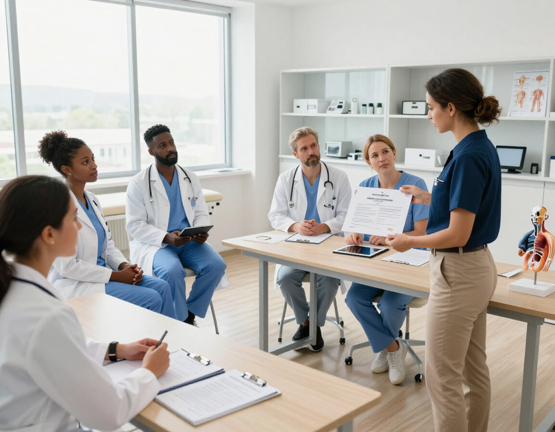 Clinicians participating in a certification training session
