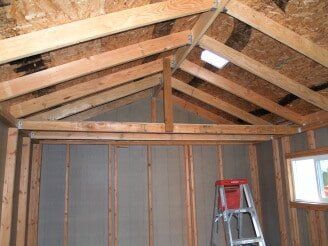 Interior view of a wooden shed under construction, showing framing, roof supports, and a ladder.