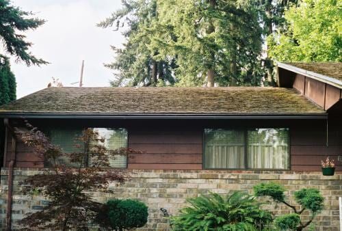 A residential house with a moss-covered roof, brown siding, brick, and windows.