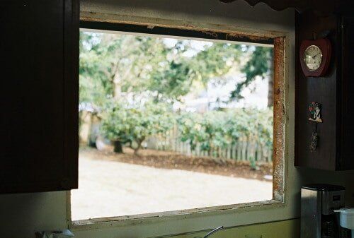 An open window in a kitchen, looking out onto a backyard with trees and a fence.