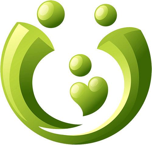Green family symbol with a heart, representing love and connection.