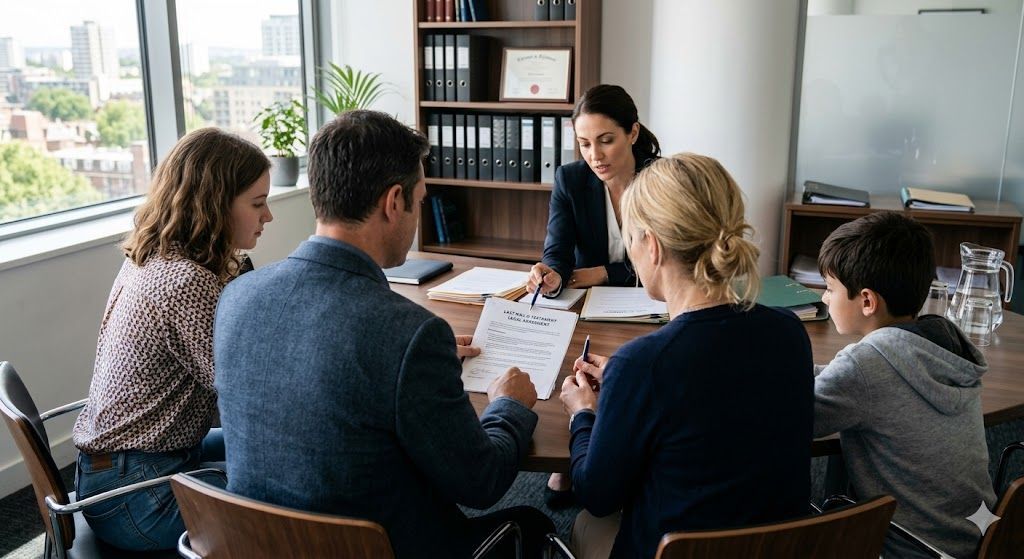 Family reviewing legal documents with a lawyer in Kansas City office