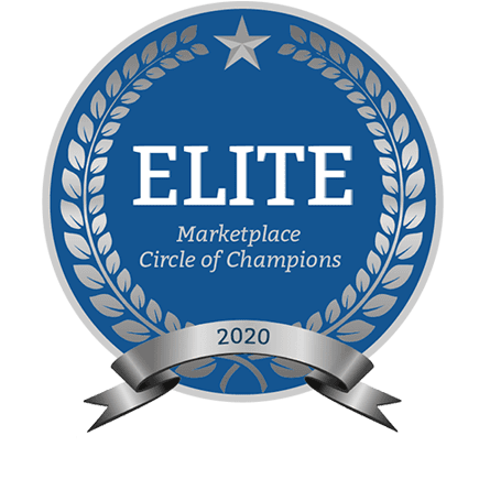 2020 Elite Marketplace Circle of Champions badge from CMS, blue and silver emblem