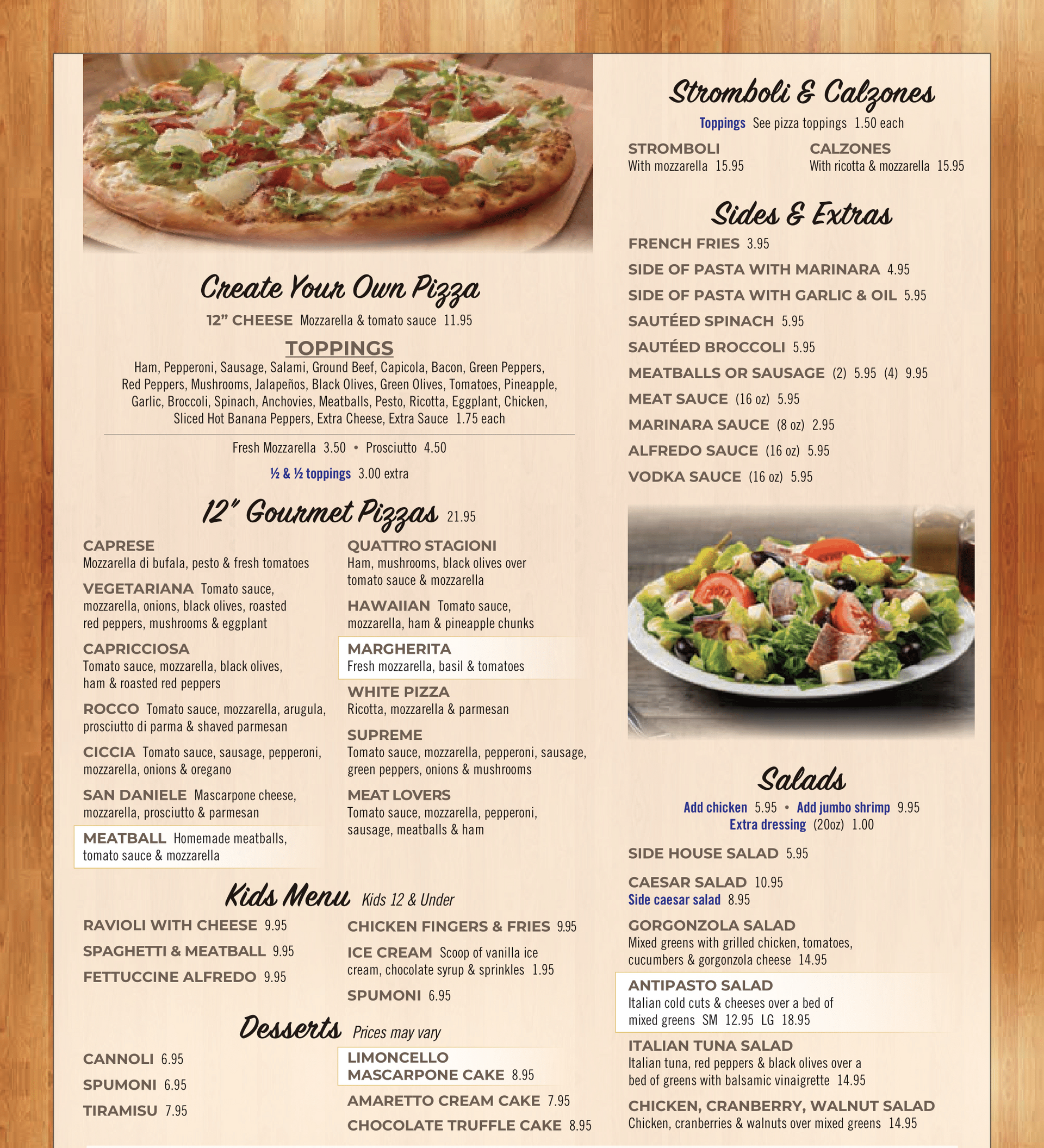 A menu for restaurant Rossini by Chef Rocco with a pizza and a salad on it