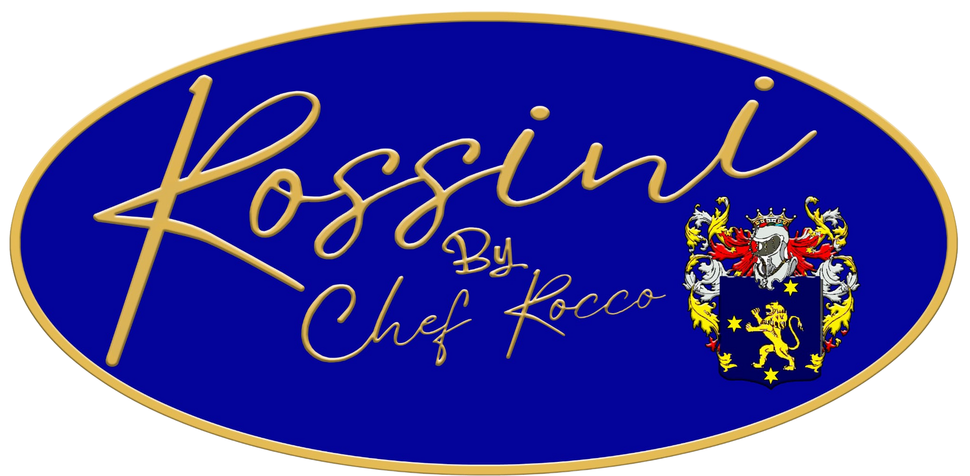 A blue oval logo for kossini by chef rocco