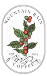 Mountain Rain Coffee logo: coffee plant with red berries, green leaves, mountain backdrop, and rain.