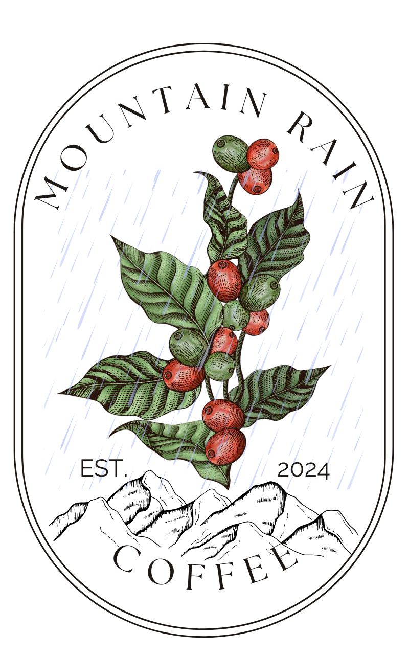 Logo for Mountain Rain Coffee featuring coffee plant with red berries, mountains, and rain, in an oval frame.