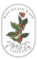Logo for Mountain Rain Coffee featuring coffee plant with red berries, mountains, and rain, in an oval frame.