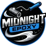 Logo for Midnight Epoxy featuring a paint roller, dark blue and silver colors.
