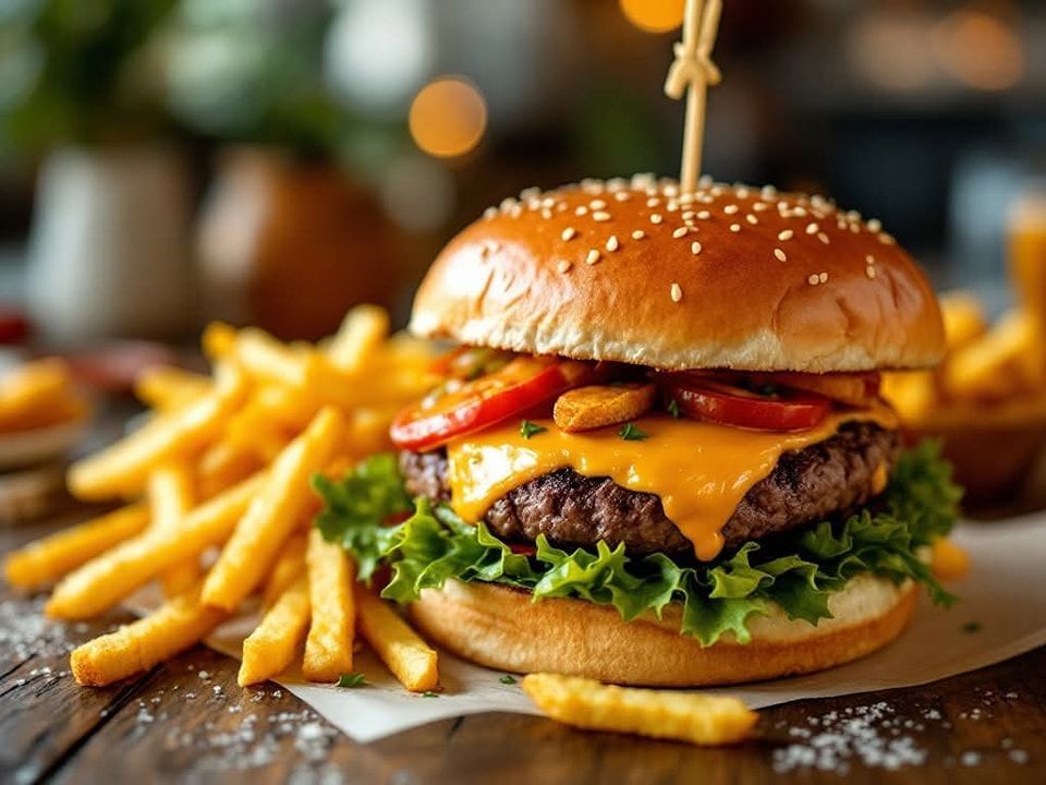 A cheeseburger topped with lettuce and tomatoes, served with a side of french fries on a wooden table.
